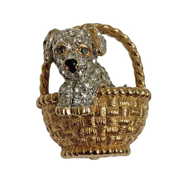 Vintage CAROLEE Brooch Rhinestone Pave Puppy Signed Goldtone Basket 1.25" Tall - Picture 1 of 6